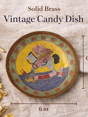 Vintage Solid Brass Painted Rocking Horse Candy Dish Bowl 6” India